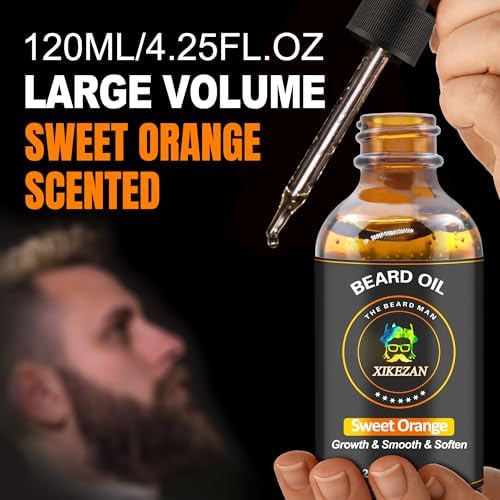 Beard Oil,120ml/4.25fl.oz Oil Promote Large Volume Beard Growth,Leave in Conditioner Beard Care Natural Sweet Orange Scent Mustaches Growth Soften Strength,Gifts for Men Him Dad