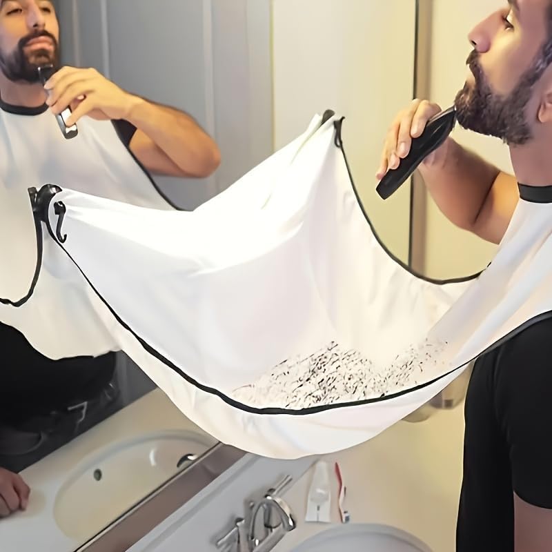 1 pcs Beard Shaving Apron for Men Barber Hair Catcher Cape, Leak-Proof Adjustable Neck Strap, Waterproof Grooming Cape for Home Salon Barber Shop, White