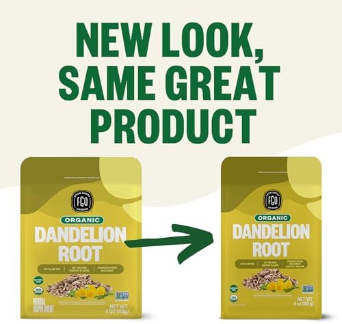 FGO Organic Dandelion Root, Cut and Sifted Loose Tea, 4 Ounce Resealable Bag, Packaging May Vary (Pack of 1)