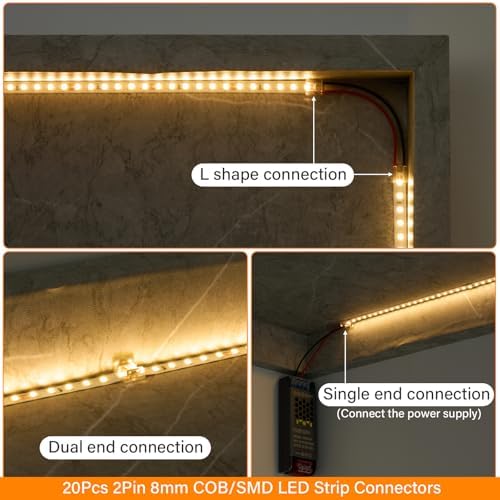 20PCS HFACOWK Premium LED Strip Connectors, Transparent Solderless 2 Pin 8mm LED Light Connector W/10PCS 5.9in Wires, for 12V/24V Single Color COB/SMD LED Lights Strip