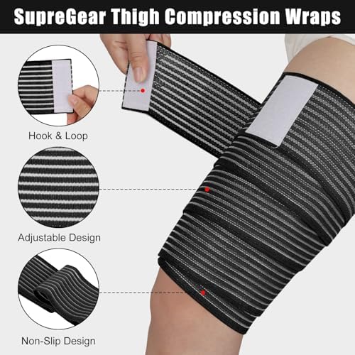 supregear 2 Pcs Hamstring and Thigh Compression Wraps, Adjustable Thigh Brace for Muscle Sprain, Quadricep Support Sleeve for Men and Women, Elastic Bandages for Knee Calf Arm Leg, 150 cm/59 in, Black