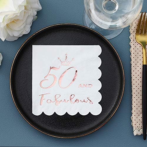 50 and Fabulous Cocktail Napkins Rose Gold - 50th Birthday Decorations for Women, Folded 5x5 Inches Disposable Party Napkins, 3-Ply Paper Beverage Napkins, 50th Birthday Napkins, Wedding Anniversary