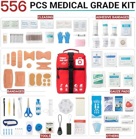 556 Piece Premium Large First Aid Kit, Survival Medical First Aid Bag – Labelled Compartments, Workplace Essential, Home & Sports, Molle Tactical Rip-Away Design, First Responders' Choice for Trauma