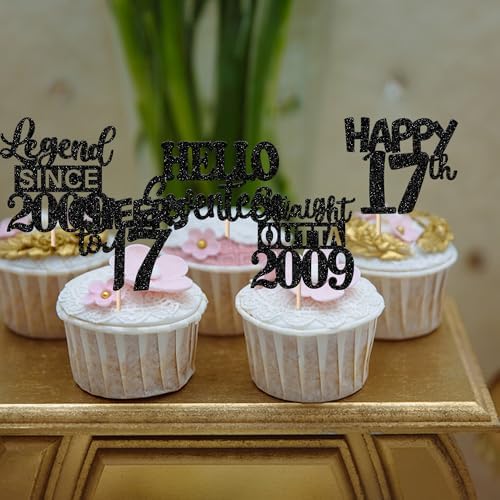 30PCS Black 17th Birthday Cupcake Toppers Glitter Seventeen Happy 17th Straight Outta 2009 Cupcake Picks for Cheers to 17 Years Birthday Anniversary Party Cake Decorations Supplies
