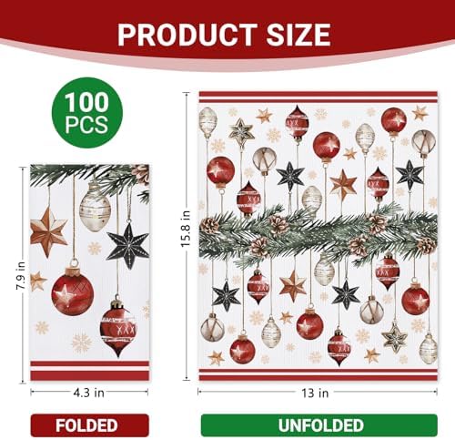 100 PCS Christmas Balls Disposable Paper Napkins, Xmas Pine Cone Needle Bathroom Hand Towels Decorative Dinner Guest Napkin, Winter Holiday Snowflake Kitchen Dinning Table Party Decor 8 x 4 In