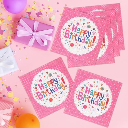100 PCS Happy Birthday Paper Napkins, 13 x 13 Inches Pink Flowers Paper Napkins, 2-Ply Pink Disposable Decorative Hand Towels Napkins for Luncheon, Kids Birthday, Baby Shower Christmas Party Supplies