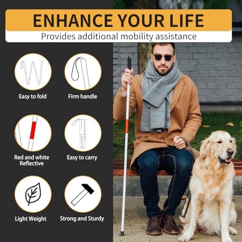 Folding Blind Cane Reflective Red Folding Walking Stick for Vision Impaired and Blind People, Lightweight, Non-Slip (52inch)