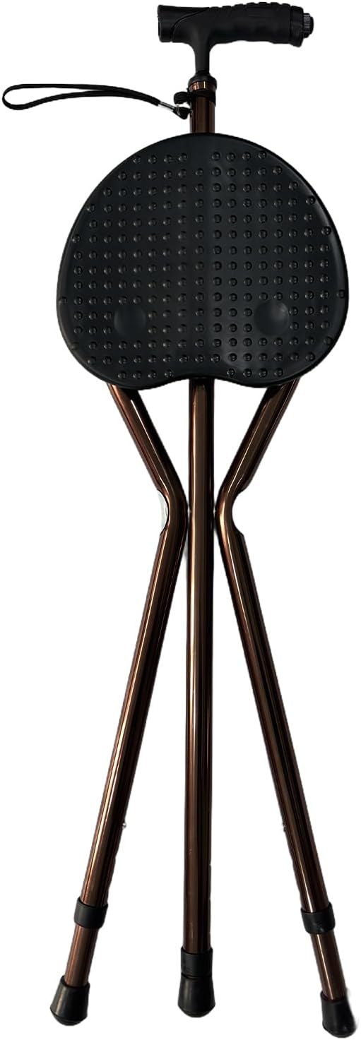 2-in-1 Crutch with Seat, Height Adjustable Walking Cane, Foldable Chair for Seniors, Aluminum Cane Stool with LED Light, Anti Slip Folding Walking Stick for Elderly Mobility Aid