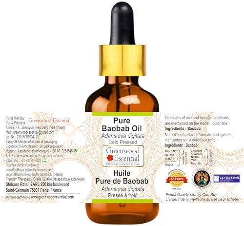 Greenwood Essential Pure Baobab Oil (Adansonia digitata) with Glass Dropper Cold Pressed 50ml (1.69 oz)