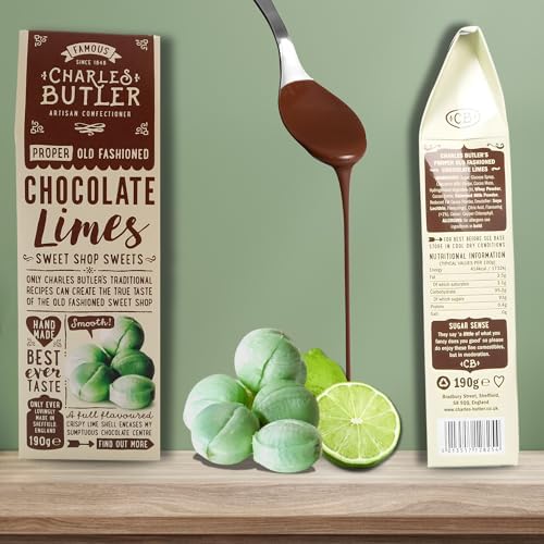 Charles Butler Chocolate Limes 190g (6.7oz) | Crispy Lime Candy Shell with Chocolate Center Filling | Handmade Old Fashioned British Candy Gift Box | English Hard Boiled Sweets | UK Confectionery