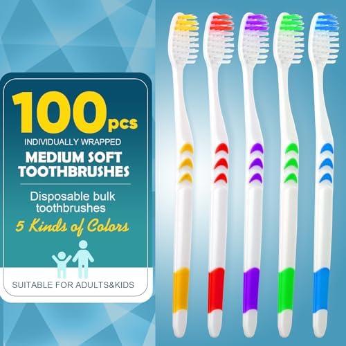 Navona 100 PCS Premium Toothbrushes Bulk, Individually Wrapped Toothbrushes, Disposable Toothbrush, Medium Soft Bristle Bulk Toothbrushe for Travel Hotel Donation, Ergonomics Handle