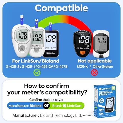LinkSun Diabetic Blood Test Strips*100, Used for G-425-1,G-425-2V, G-425-3, G-427B Blood Glucose Monitor Only, 0.7μl Blood Sample, Accurate Measurement, Results in 5 Seconds, 2 Bottles of 50 Pc