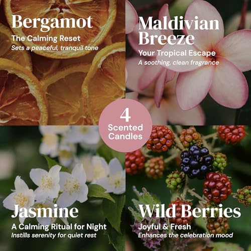 ADELEGOURDAIN Aromatherapy Scented Gift Set - 4 Soy Wax Candles & 2 Fragrance Sachets - Calming Jasmine, Bergamot, Berry & Breeze Scents in Glass Jars - Home, Bath & Relaxation Mother's Day Presents