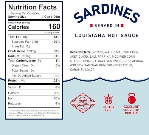 Beach Cliff Wild Caught Sardines in Louisiana Hot Sauce, 3.75 oz Can (Pack of 12) - 14g Protein per Serving - Gluten Free, Keto Friendly - Great for Pasta & Seafood Recipes
