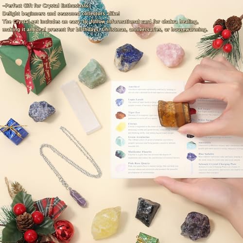 MAIBAOTA 17 Pcs Crystals and Healing Stones 14 Pcs Raw Healing Crystals and Chakra Stones Set Amethyst Rose Quartz Selenite Gemstones Necklace for Meditation Guide for Beginners (with Gift Box)