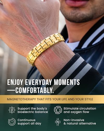 MagnetRX® Magnetic Bracelets for Men - EllipseMAX 5X Strength 5,000 Gauss Magnets - Designed in USA & Patent Pending - Premium Titanium Mens Magnetic Bracelet & Adjustable Length (Gold)