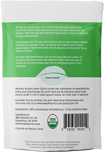 Immortalitea Gynostemma Tea USDA Organic Jiaogulan Loose Leaf Tea | Naturally Sweet Adaptogen | AMPK Metabolic Activator | Caffeine-Free Herbal Tea 3.52 oz