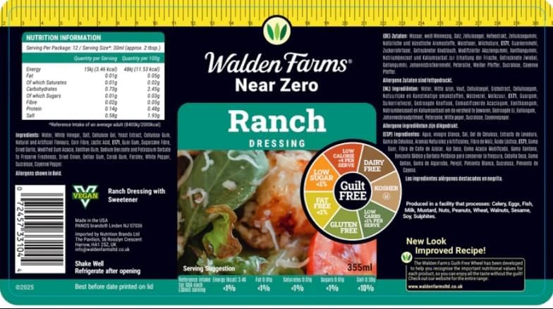 Walden Farms Low Calorie Ranch Dressing Delicious Salad Dressing - 0g Net Carbs Condiment, Fat Free, Kosher Certified, Great on Salads, Wings, Burgers, Sandwiches, Tacos, Pizza, Veggies and Many More