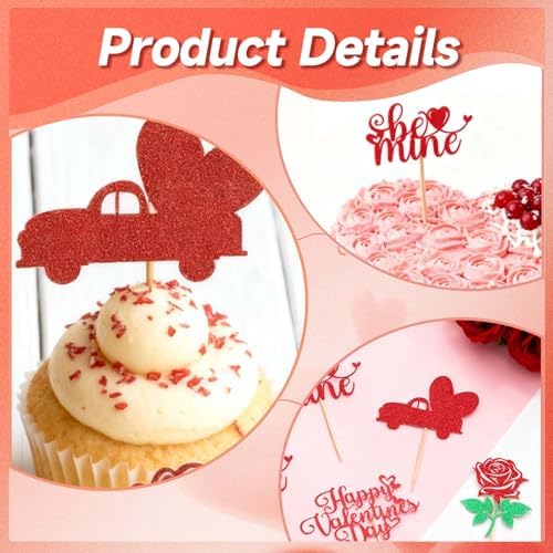 24pcs Happy Valentines Day Cake Toppers,Heart Glitter Sweet Love Theme Valentine'S Day Cupcake Toppers for Happy Birthday Wedding Party Supplies Cake Decorations(Red)