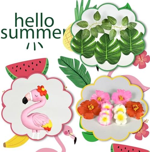 Flamingo Cake Topper Summer Cake Decorations with Artificial Flowers Palm Leaves for Hawaii Beach Supplies