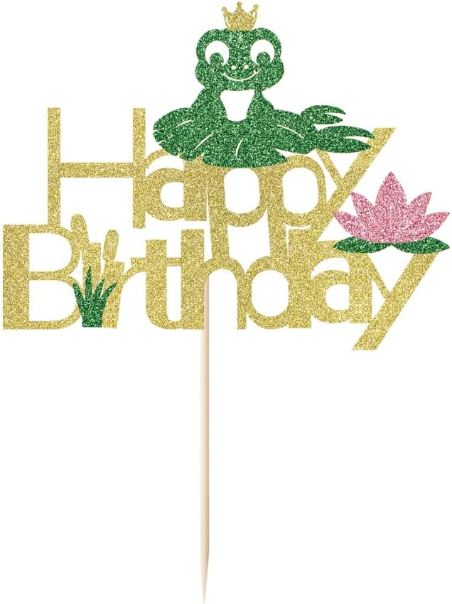 Glitter Frog Princess Happy Birthday Cake Topper, Gold and Green Party Decoration (frog)