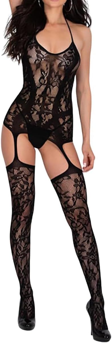Women’s Fishnet Bodystocking Sexy Lingerie Halter Bodysuit with Suspenders Mesh Body Stocking Stretchy Tights