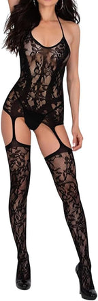 Women’s Fishnet Bodystocking Sexy Lingerie Halter Bodysuit with Suspenders Mesh Body Stocking Stretchy Tights
