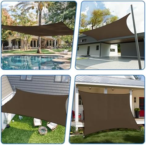 TANG 8'x8' Sun Shade Sail Rectangle Sunshade Canopy UV Block Shade Cloth Pergola Cover for Outdoor Patio Garden Gazebo Deck, Brown