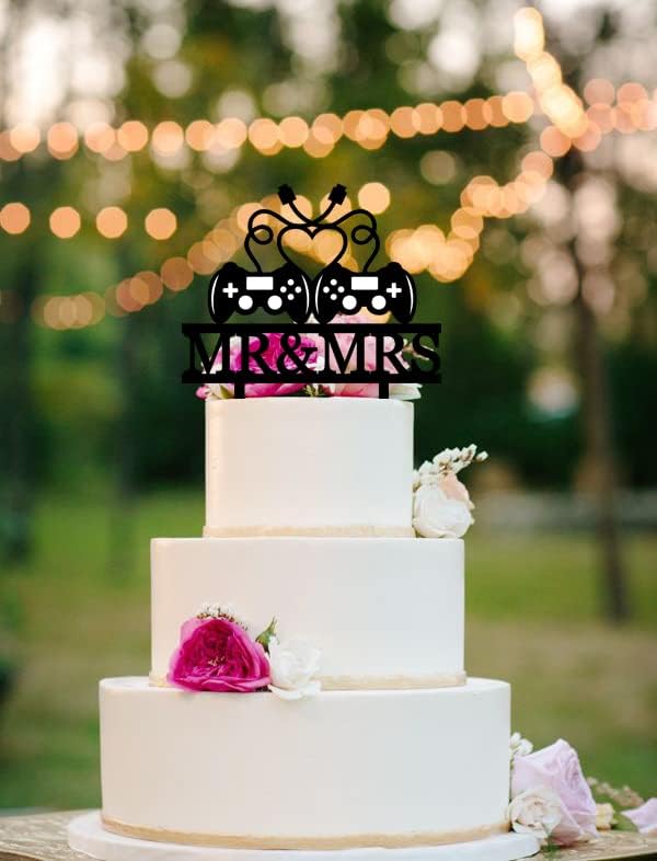 Gamer Couple Wedding Cake Topper - Game Controllers Cake Topper with Heart-Shaped Cable,Romantic Mr&Mrs Topper for Gaming Couples' Bridal Shower Engagement Wedding Anniversary Party Decor