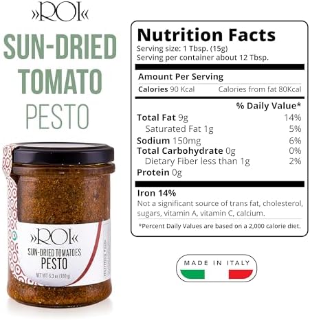 ROI Red Pesto - Sundried Tomato Pesto Sauce Made With Sundried Tomatoes, Genovese DOP Basil, and EVOO, Gluten-Free, Keto-Friendly Fresh Ligurian Sauce, Non-GMO, Made In Italy 6.3 oz (180 g) - Pack 1