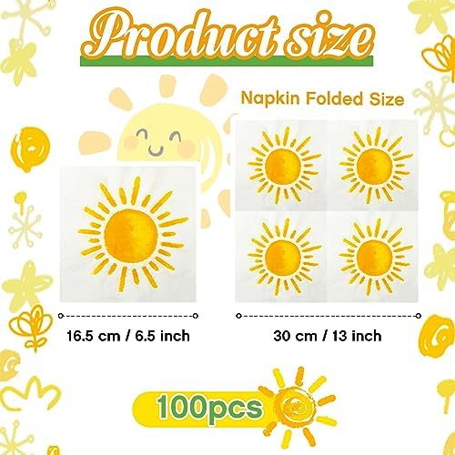 Yeaqee 100 Pcs First Trip Around The Sun Napkins, Boho Sunshine Paper Napkins for 1st Birthday, Baby Shower, Party Decorations, 13" x 13" Disposable Cocktail Luncheon Paper, Vibrant Yellow Sun Design