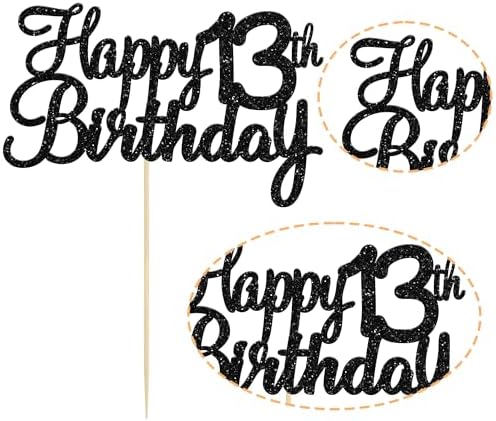 Gyufise 1 Pack Happy 13th Birthday Cake Topper Black Glitter Happy Birthday Cake Topper Happy 13 Birthday Cake Decoration for 13th Wedding Anniversary Party Decorations