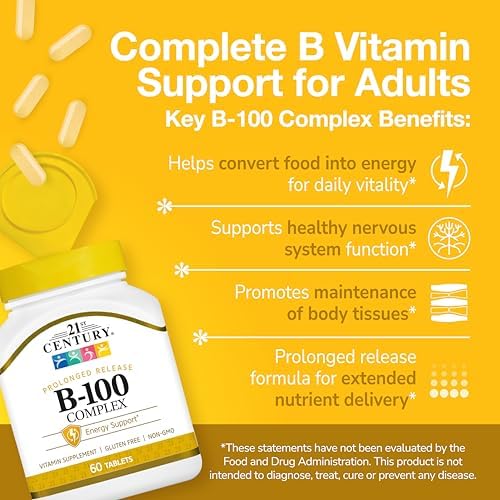 21st Century B-100 Complex Prolonged Release Tablets, 60 Count (Pack of 1), High Potency Vitamin B Complex for Nervous System, Energy Support, Includes Vitamin B1, B2, B6, Biotin & Calcium