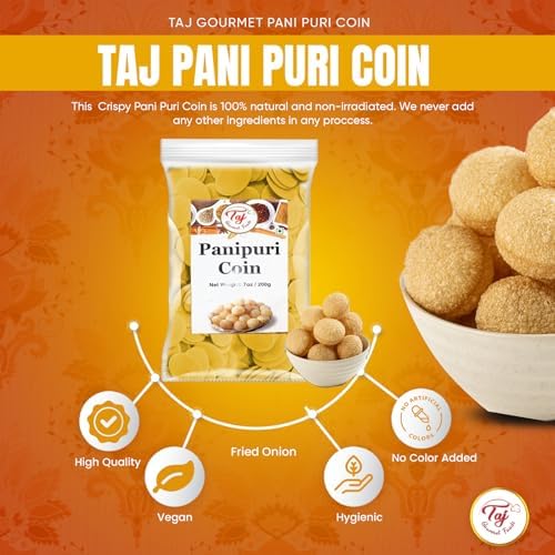 TAJ Pani Puri Coins | Flat Puri | Uncooked | Microwaveable | 7oz (200g)