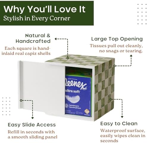 CHI AN HOME 5.7" Square Tissue Box Cover, Handmade Checkered Cube Tissue Box Cover with Capiz Shells, Decorative Tissue Holder for Living Room, Bathroom, Bedroom or Office (Pistachio Green)