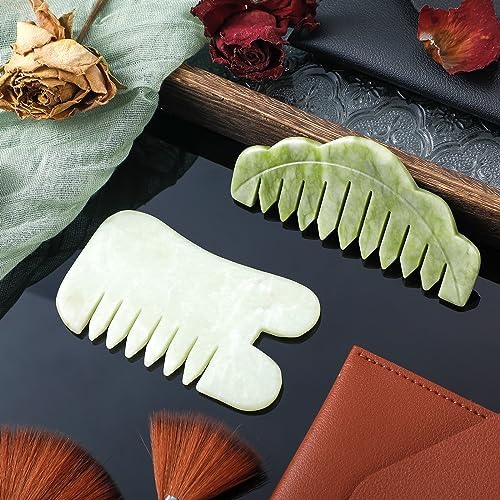 Geiserailie 2 Pcs Jade Combs Esthetician Supplies Massage Stone Hair Gua Sha Scraping Scalp Comb Facial Massage Tool Handheld Head Tools Head Caring Therapy Mother's Day for Women(Chic Style)