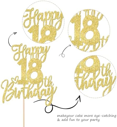 1 PCS Happy 18th Birthday Cake Topper Glitter Cheers to 18 Years Birthday Cake Pick Eighteen Hello 18 Fabulous Cake Decoration for Happy 18th Birthday Anniversary Party Decorations Supplies Gold