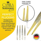CS32 3 1/2" Gold Tipped, Surgical Grade, German Carbon Steel Tweezers (Pointed) - Flawless Eyebrow and Facial Hair Shaping and Removal for Men/Women