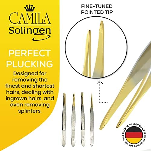 CS32 3 1/2" Gold Tipped, Surgical Grade, German Carbon Steel Tweezers (Pointed) - Flawless Eyebrow and Facial Hair Shaping and Removal for Men/Women