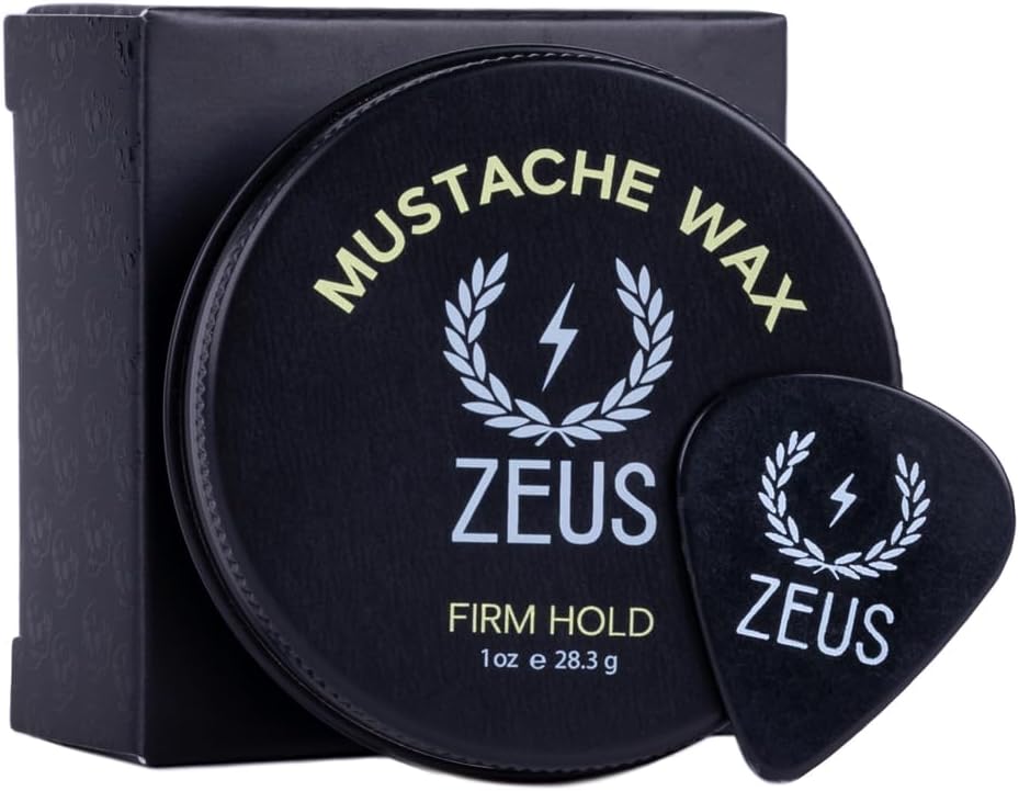 ZEUS Firm Hold Mustache Wax for Men, All-Day Hold & Moisturizing Grooming Mustache Wax with All Natural Ingredients & Application Pick (Made in USA) 1 oz.