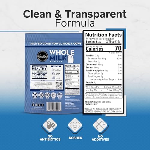 Healthier Comforts Whole Milk Powder | Shelf Stable | Kosher, Gluten Free, Non-GMO, Hormone and Antibiotic Free | Perfect for Shakes, Smoothies, Coffee Creamer, Baking | Made in USA (12oz)