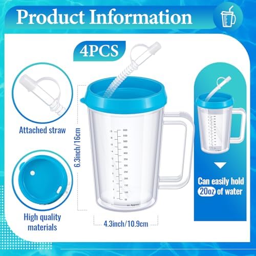 4 Pcs 20 oz Hospital Water Cup with Straw and Lid Insulated Double Walled Elderly Water Bottle Hospital Carafe Mug with Handle Graduated Plastic Drinking Sippy Cup for Adult(Blue)