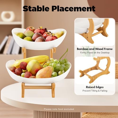 2 Tier Fruit Basket, Ceramic Vegetable Bowl with Bamboo Wood Stand, Storage Bowls for Nuts, Salad Snack Dessert Cake Tray Plate Rack Two Tier Serving Stand for Party Wedding Home Office (White)