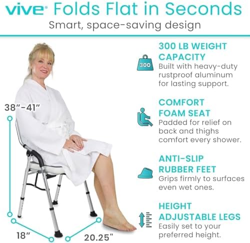 Vive Shower Chair for Elderly and Disabled - Folding Seat with Arms and Back - Foldable Bathroom Chairs for Sitting, Inside Shower - Portable for Travel - Fold Down, Collapsible, Compact & Comfortable