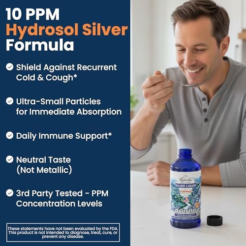 Optivida Colloidal Silver Liquid - 10 PPM Liquid Silver Immune Support, Pure Nano Silver Hydrosol Liquid for Family Wellness - Natural Silver Water for Adults & Kids, Non-GMO, 3rd Party Tested - 16 Oz