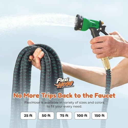 Flexi Hose with 8 Function Nozzle, 100FT - Lightweight Expandable Garden Hose, No-Kink Flexibility, 3/4 Inch Solid Brass Fittings and Double Latex Core - Black and Green