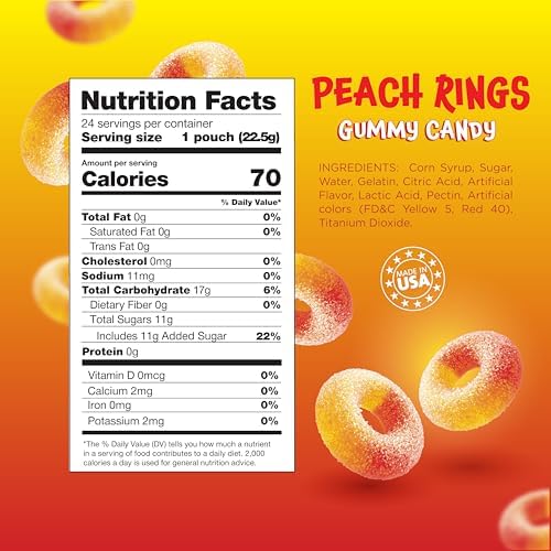 Peach Rings - 24 Packs - Peach Gummy Candies Individually Wrapped - Sweet and Sour Candy for Classroom, Snacking, Gifting, and Goodie Bags - Soft Gummy Rings