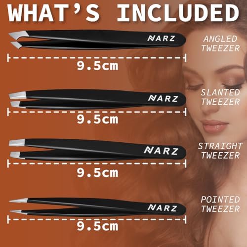 NARZ 4Pcs Professional Tweezers for Women Facial Hair Stainless Steel Precision Tweezers for Ingrown Hair Eyebrow Tweezer for Men & Women (Black Set)