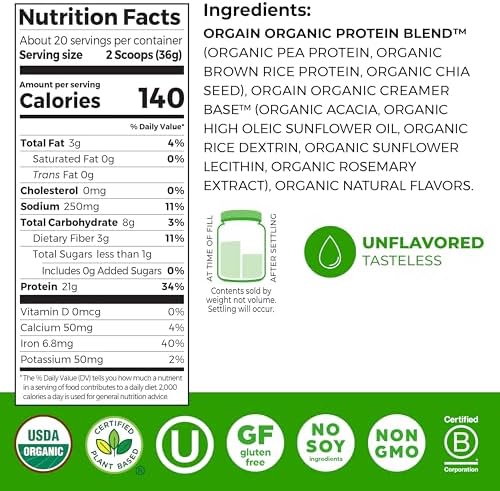 Orgain Organic Vegan Protein Powder, Natural Unsweetened - 21g of Unflavored Plant Protein, 4g Prebiotic Fiber, Low Net Carbs, No Added Sugar, Non-GMO, For Shakes & Recipes, 1.59 lb