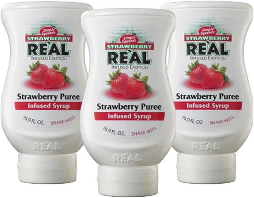 Strawberry Reàl Infused Exotics, Strawberry Puree Infused Syrup, 16.9 FL OZ Squeezable Bottle (Pack of 3)